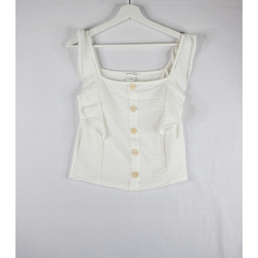 Caution to the Wind Tank Top Womens Medium White summer Boho Ruffle Button Front